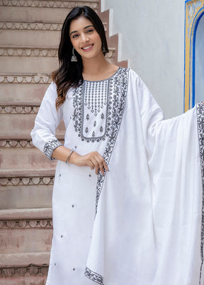 3 Pc White Readymade Viscose Dupatta Suit Set