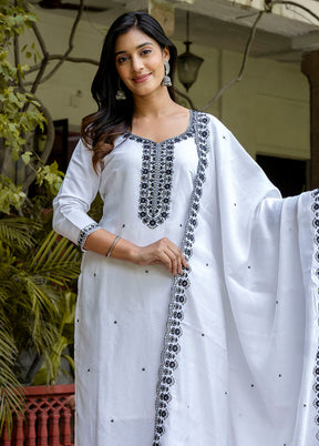 3 Pc White Readymade Viscose Dupatta Suit Set