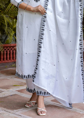 3 Pc White Readymade Viscose Dupatta Suit Set