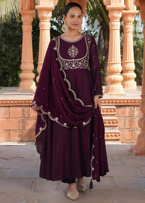 3 Pc Purple Readymade Silk Dupatta Suit Set