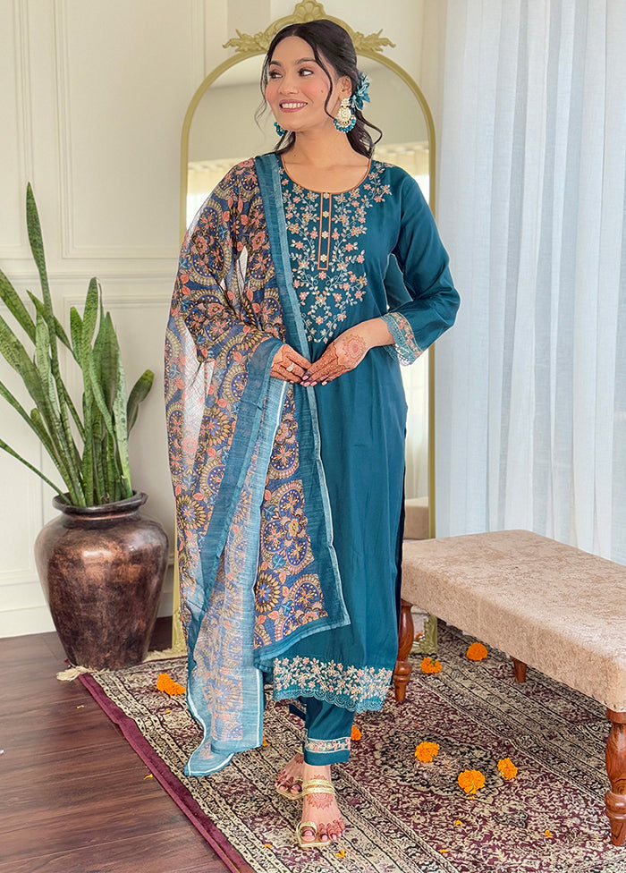 3 Pc Teal Blue Readymade Chanderi Dupatta Suit Set