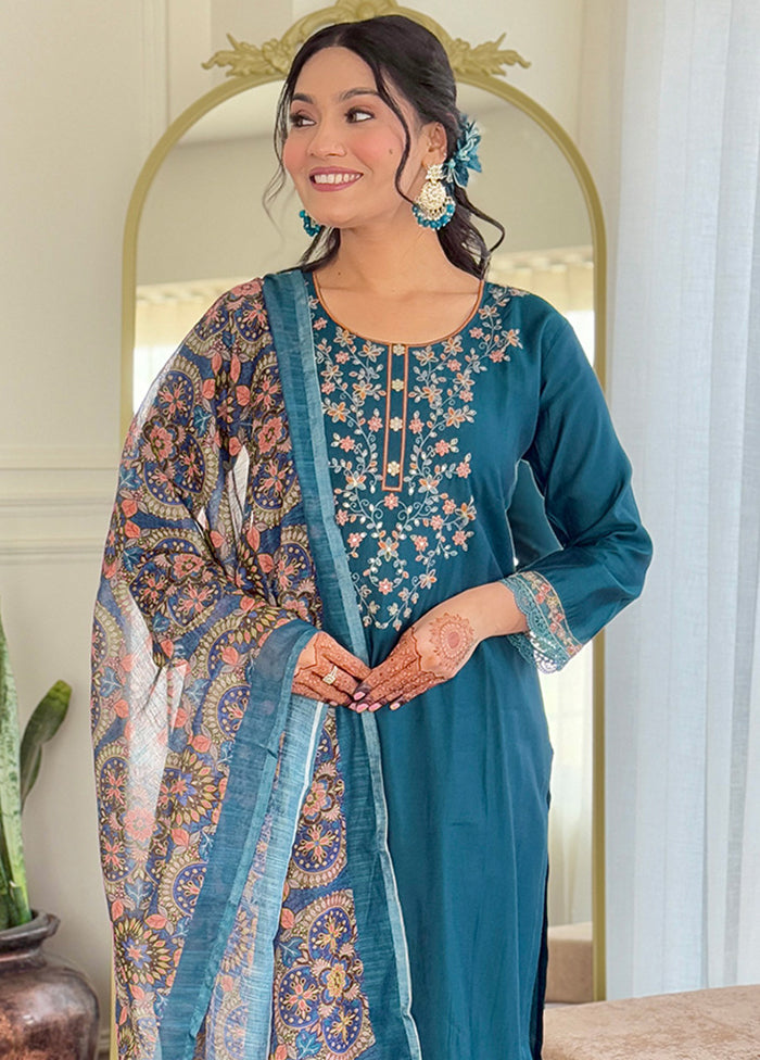 3 Pc Teal Blue Readymade Chanderi Dupatta Suit Set