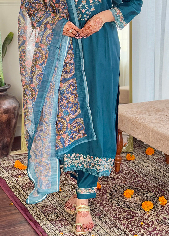 3 Pc Teal Blue Readymade Chanderi Dupatta Suit Set