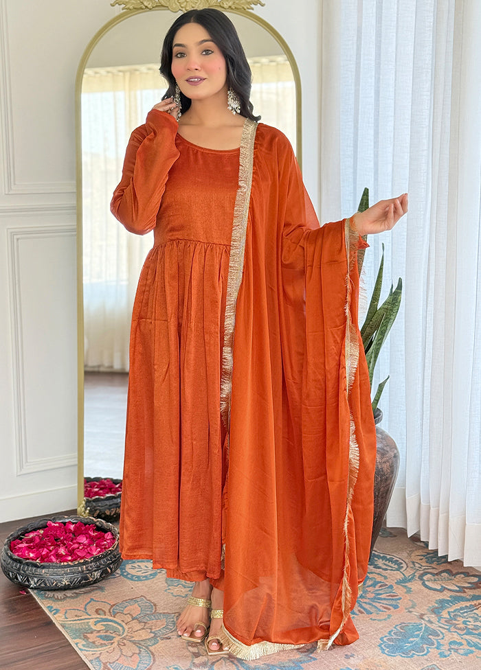 3 Pc Orange Readymade Silk Dupatta Suit Set