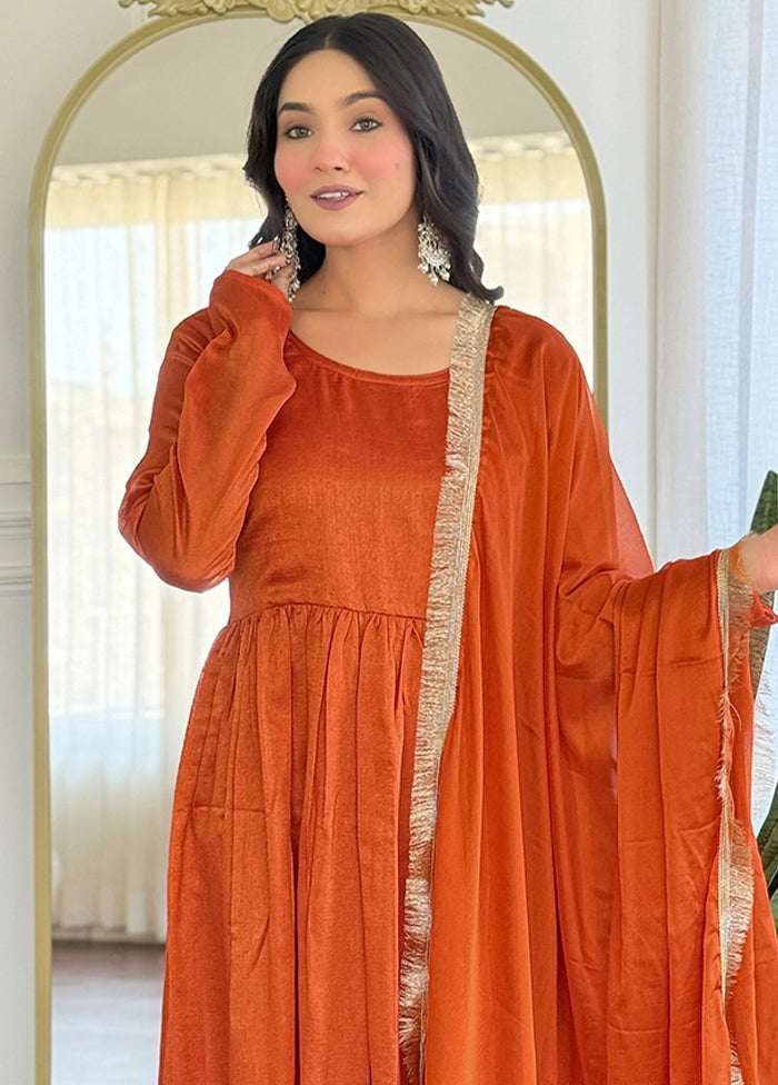 3 Pc Orange Readymade Silk Dupatta Suit Set