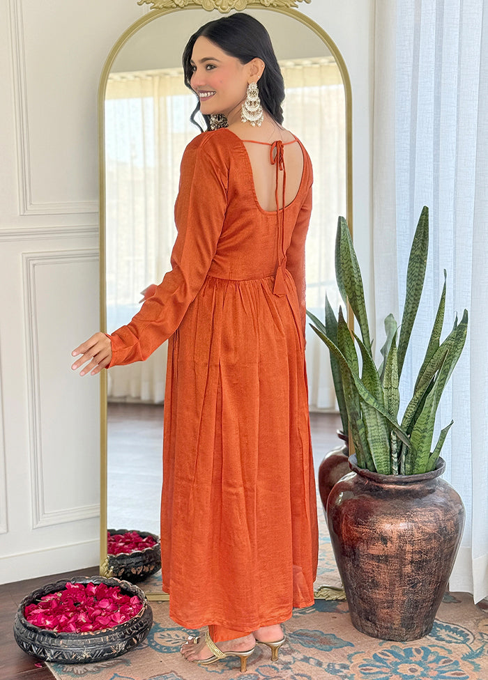 3 Pc Orange Readymade Silk Dupatta Suit Set