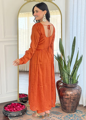 3 Pc Orange Readymade Silk Dupatta Suit Set