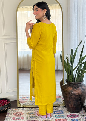 3 Pc Mustard Readymade Silk Dupatta Suit Set