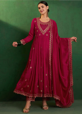 3 Pc Red Readymade Silk Dupatta Suit Set