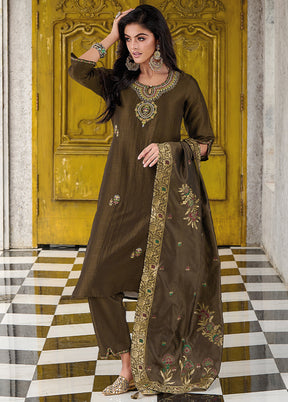 3 Pc Grey Readymade Viscose Dupatta Suit Set