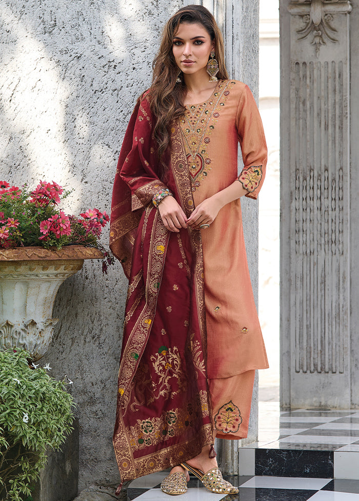 3 Pc Peach Readymade Viscose Dupatta Suit Set