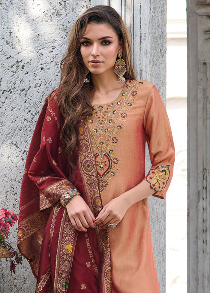 3 Pc Peach Readymade Viscose Dupatta Suit Set