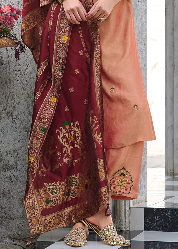 3 Pc Peach Readymade Viscose Dupatta Suit Set