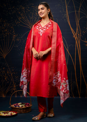 3 Pc Red Readymade Silk Dupatta Suit Set