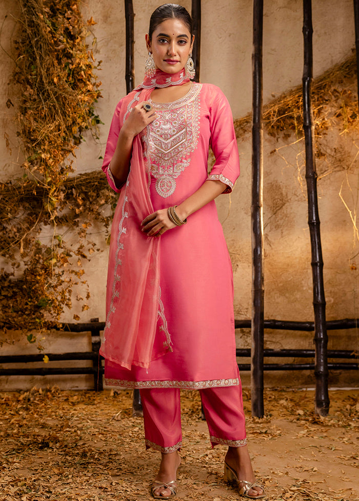 3 Pc Peach Readymade Silk Dupatta Suit Set