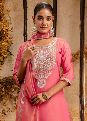 3 Pc Peach Readymade Silk Dupatta Suit Set