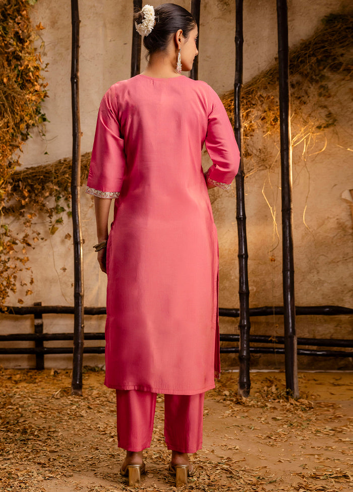 3 Pc Peach Readymade Silk Dupatta Suit Set