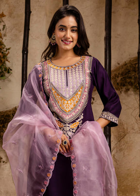 3 Pc Purple Readymade Viscose Dupatta Suit Set
