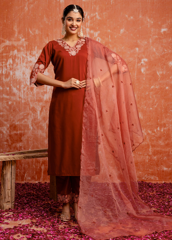 3 Pc Orange Readymade Silk Dupatta Suit Set