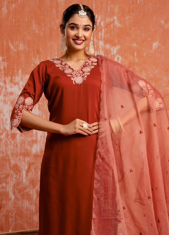 3 Pc Orange Readymade Silk Dupatta Suit Set