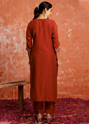 3 Pc Orange Readymade Silk Dupatta Suit Set