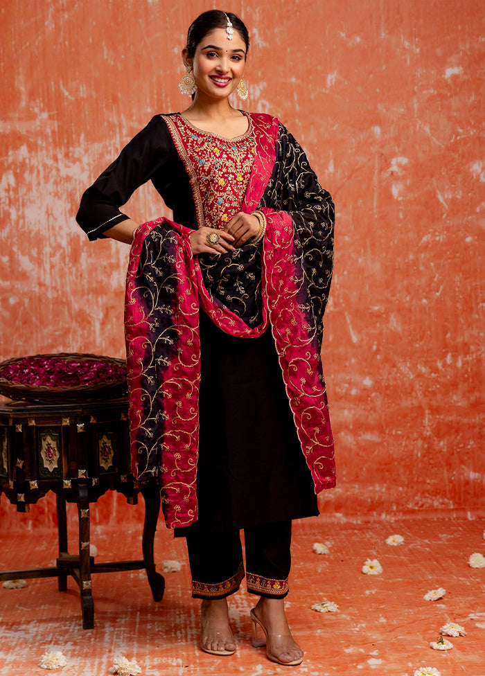 3 Pc Black Readymade Viscose Dupatta Suit Set