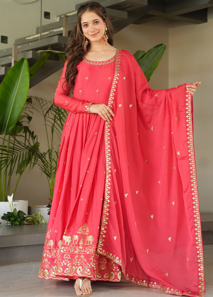 Peach Readymade Silk Dupatta Indian Dress