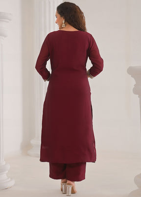 3 Pc Maroon Readymade Silk Dupatta Suit Set