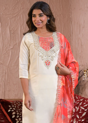3 Pc Off White Readymade Chanderi Dupatta Suit Set