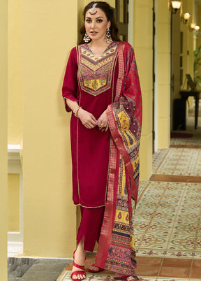 3 Pc Red Readymade Silk Dupatta Suit Set