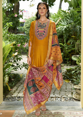 3 Pc Yellow Readymade Silk Dupatta Suit Set