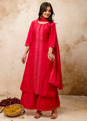 3 Pc Pink Readymade Silk Dupatta Suit Set