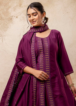 3 Pc Purple Readymade Silk Dupatta Suit Set