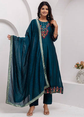 3 Pc Teal Blue Readymade Silk Dupatta Suit Set