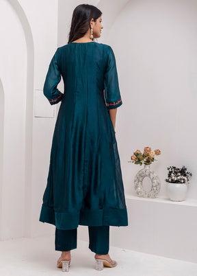 3 Pc Teal Blue Readymade Silk Dupatta Suit Set