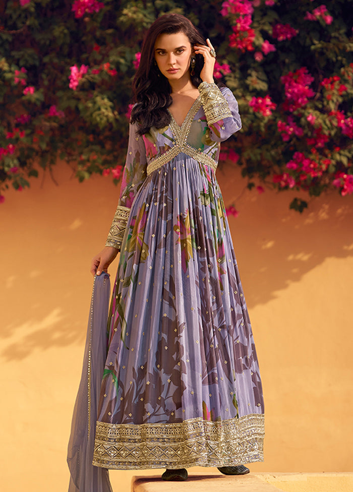 2 Pc Purple Silk Anarkali Suit Set