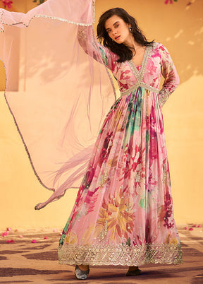 2 Pc Pink Silk Anarkali Suit Set