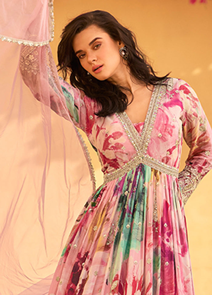 2 Pc Pink Silk Anarkali Suit Set