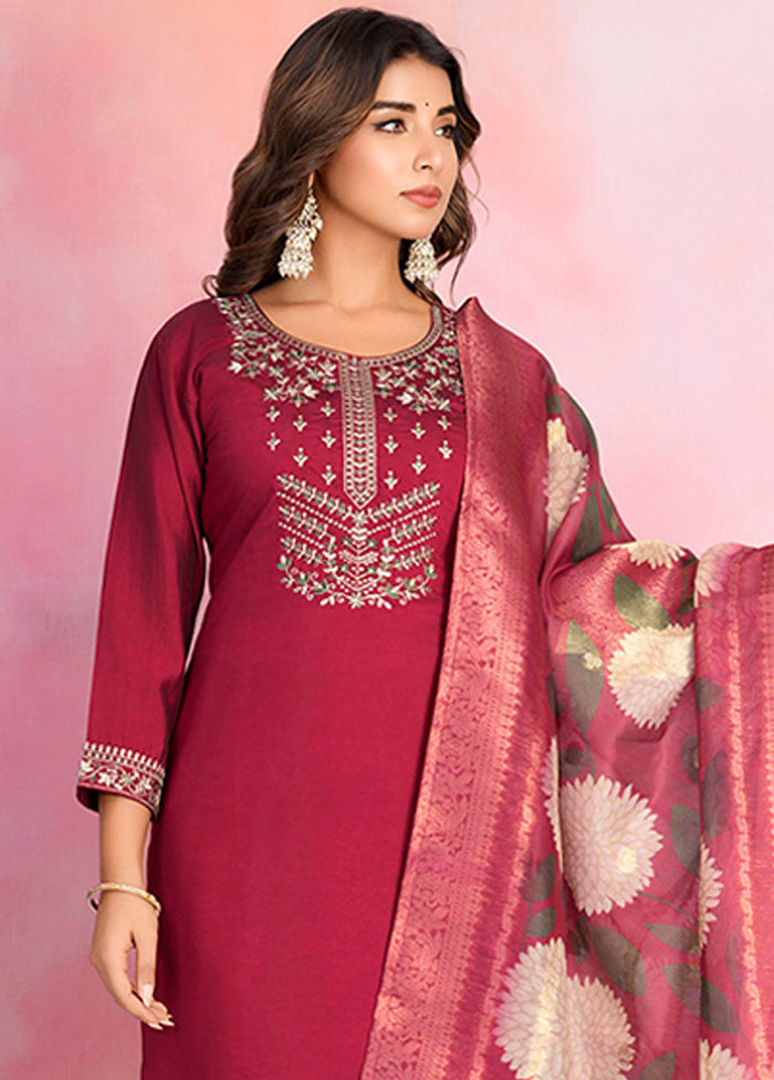 3 Pc Maroon Silk Suit Set