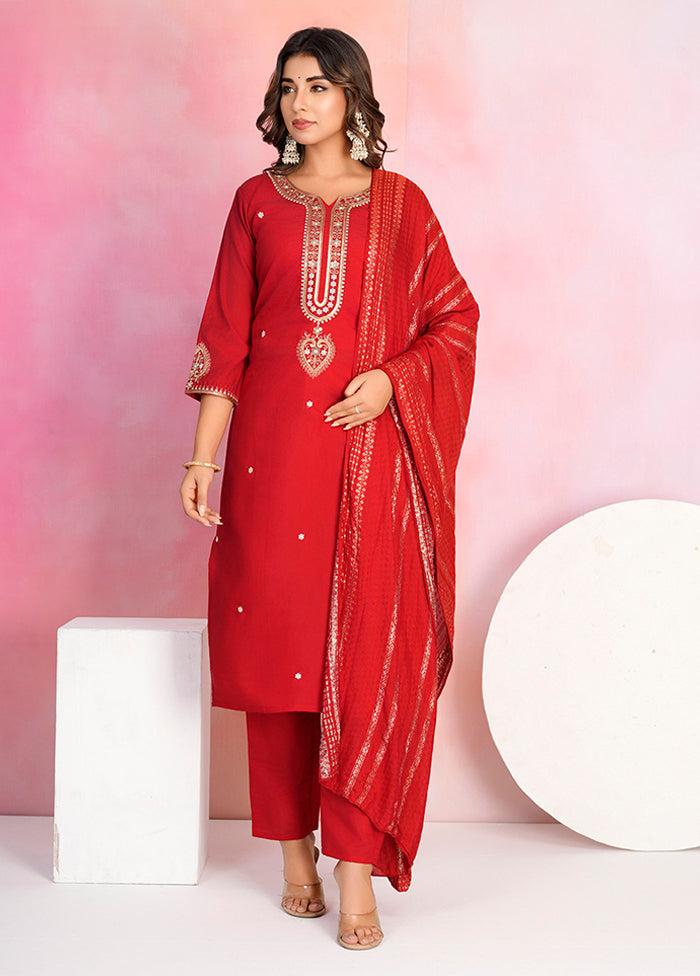 3 Pc Red Silk Suit Set