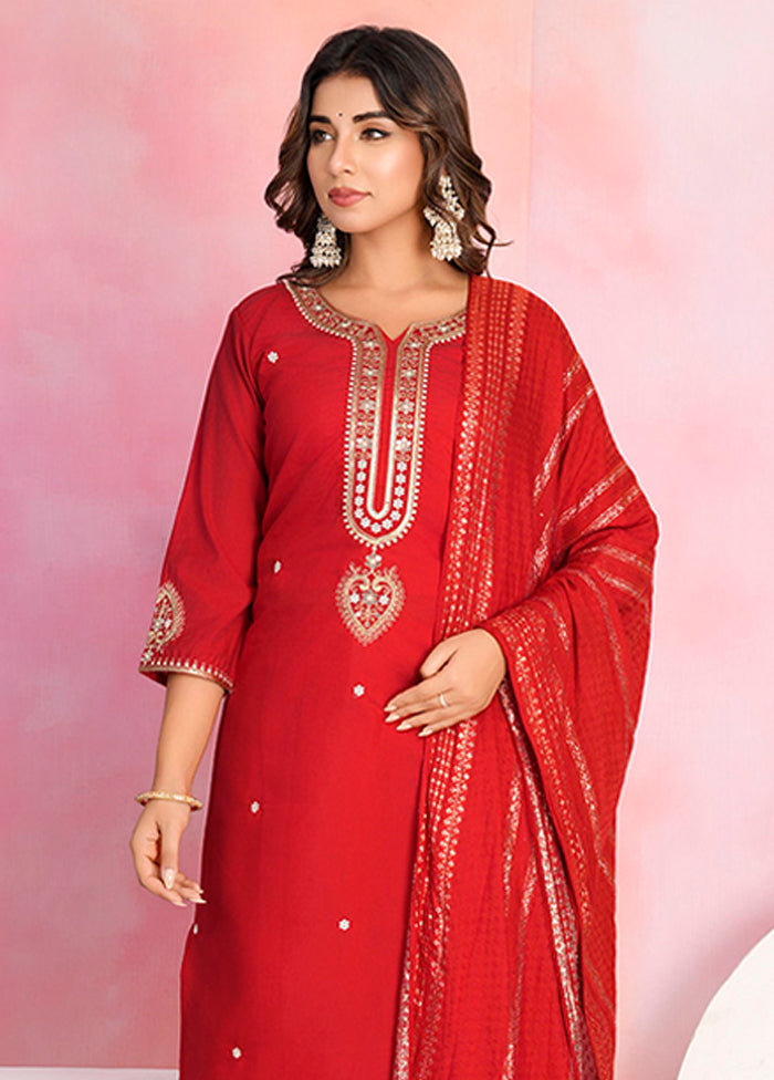 3 Pc Red Silk Suit Set
