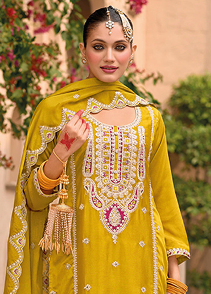 3 Pc Yellow Silk Sharara Suit Set