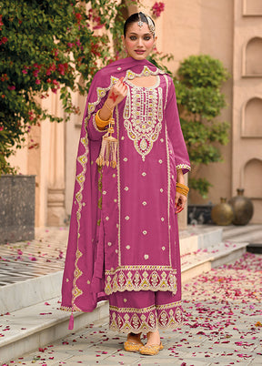 3 Pc Pink Silk Sharara Suit Set