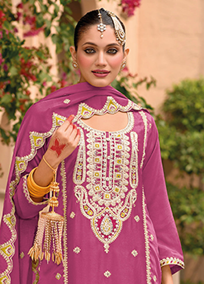 3 Pc Pink Silk Sharara Suit Set