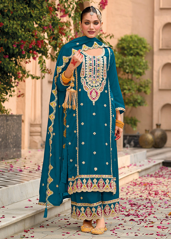 3 Pc Blue Silk Sharara Suit Set