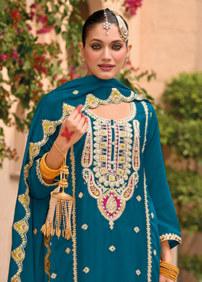3 Pc Blue Silk Sharara Suit Set