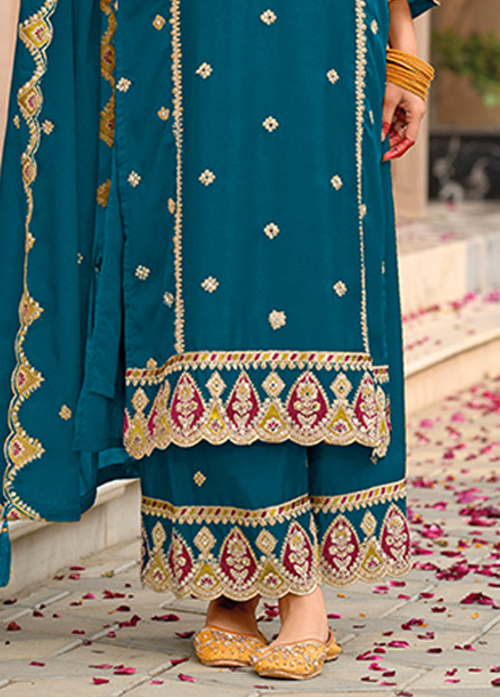 3 Pc Blue Silk Sharara Suit Set