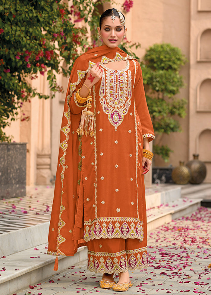 3 Pc Orange Silk Sharara Suit Set
