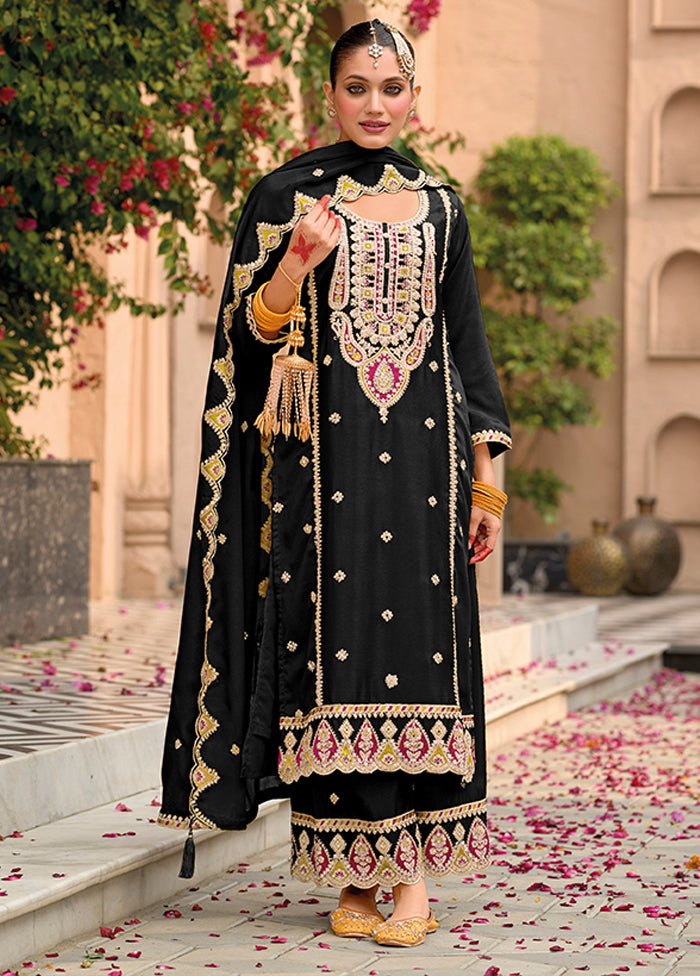 3 Pc Black Silk Sharara Suit Set