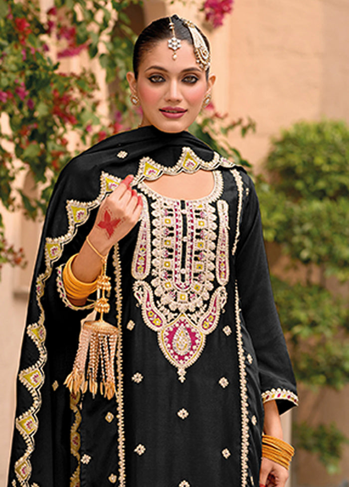 3 Pc Black Silk Sharara Suit Set
